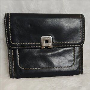 Vintage Prada Black Leather Bifold Wallet w/ Silver Clasp & White Stitching